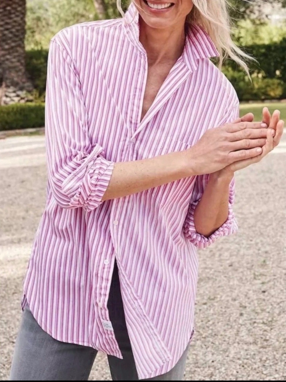 Frank & Eileen Joedy Boyfriend Shirt Women's Medium Button Up White Pink Stripe